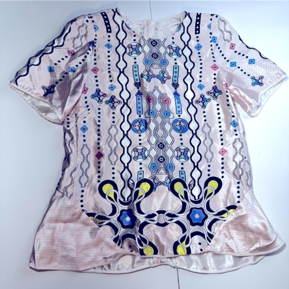 Peter Pilotto Pink Kia Blush Artsy Abstract 100% Silk‎ Short Sleeve Shirt Size 6